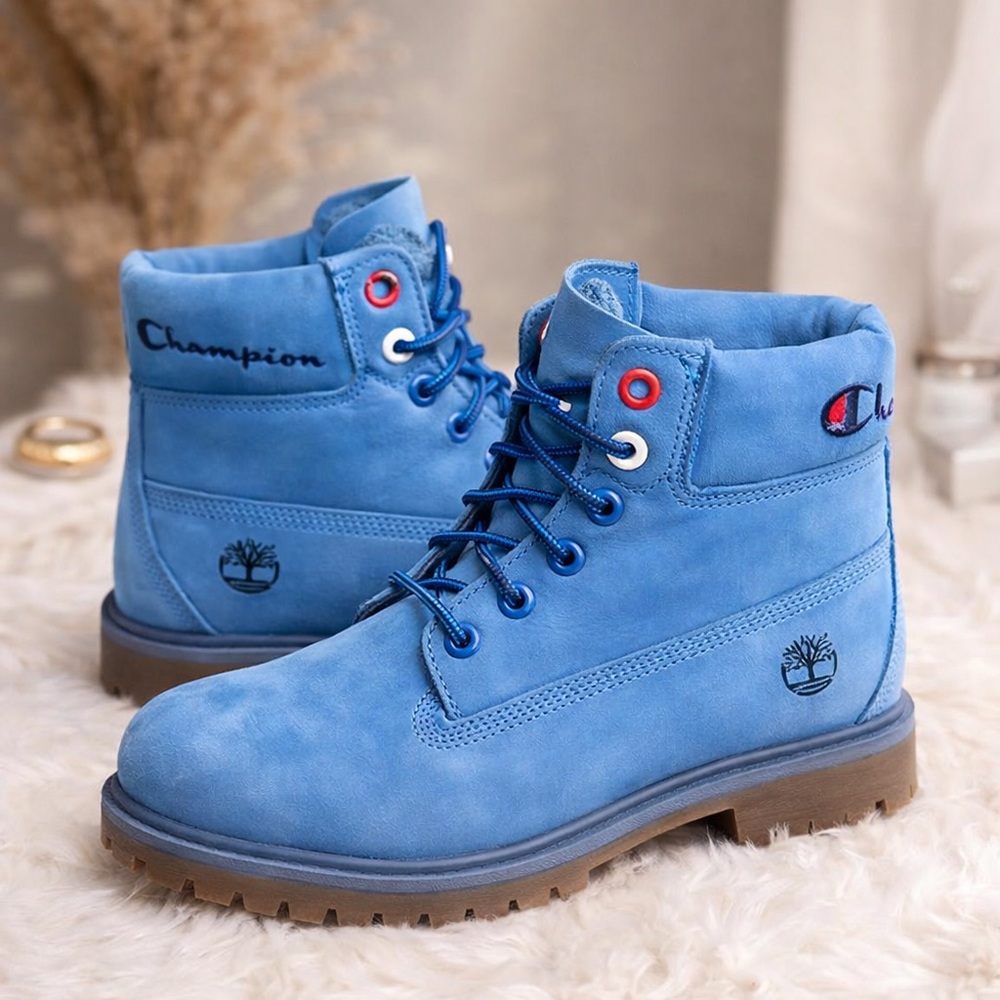 Timberland X Champion Blue Suede Kids Unisex Lace Up Boots size 2